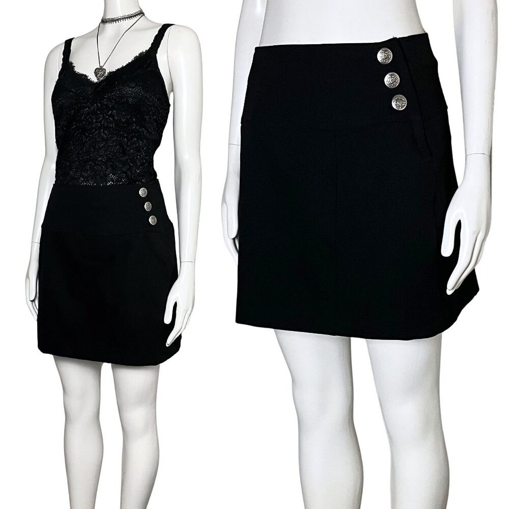 Vintage 90s Black Mini Skirt Silver Buttons New Wave XS/S Punk Gothic Star CCC